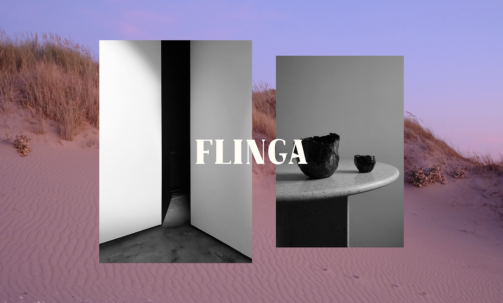 Collage of Flinga interiors over a dusk beach landscape with the Flinga logo